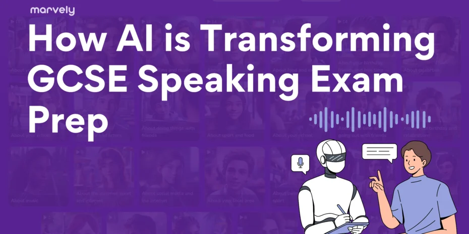 Illustration of AI-powered GCSE speaking exam preparation with a robot taking notes while a student speaks, set against a background of AI-driven language learning interface.