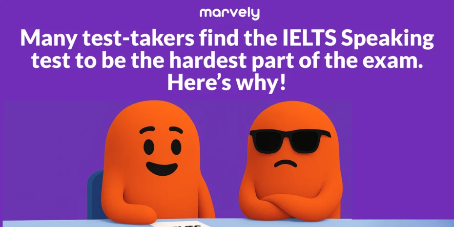 Two mascots, one looking worried and one looking confident, representing the challenges and solutions of the IELTS Speaking test.