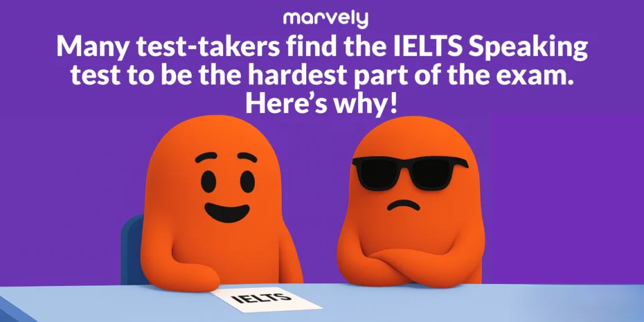 Two mascots, one looking worried and one looking confident, representing the challenges and solutions of the IELTS Speaking test.