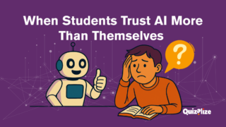 Illustration of a robot giving a thumbs-up on the left and a worried student reading a book on the right, with a digital network-style background.