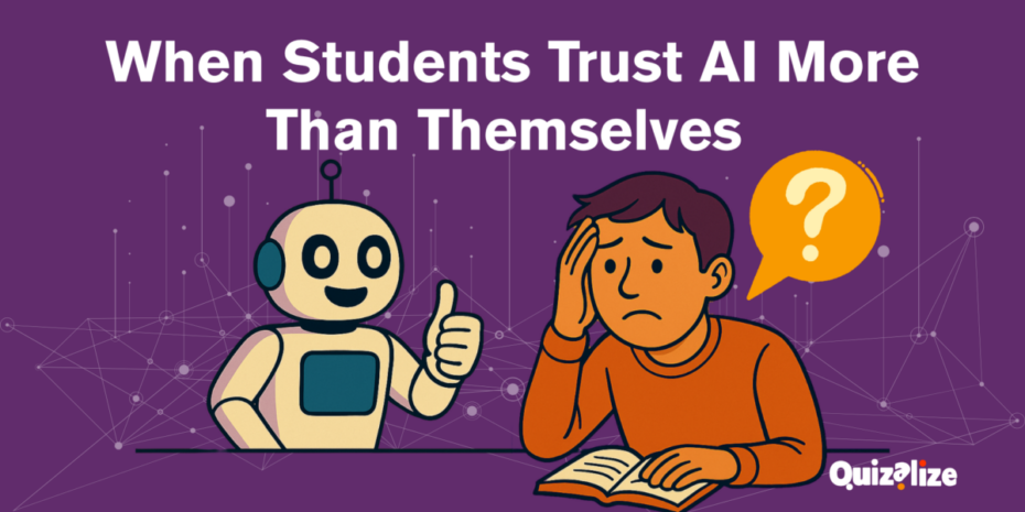 Illustration of a robot giving a thumbs-up on the left and a worried student reading a book on the right, with a digital network-style background.