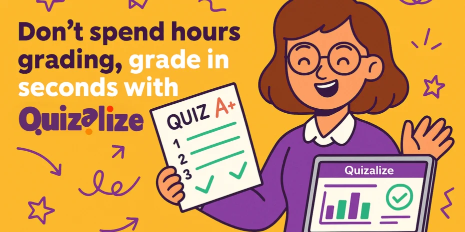 Cartoon teaching illustration showing a smiling teacher holding a graded quiz with checkmarks and an A+ grade, next to a laptop displaying a Quizalize dashboard. Text overlay reads “Don’t spend hours grading, grade in seconds with Quizalize.”
