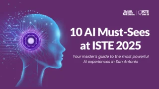 Illustration of a glowing digital human head with AI circuit patterns and a mechanical core, alongside the text “10 AI Must-Sees at ISTE 2025 – Your insider’s guide to the most powerful AI experiences in San Antonio”