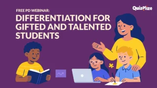 Free PD webinar banner for teachers on Differentiation for Gifted and Talented Students, with illustration of teacher and diverse students in a classroom setting.