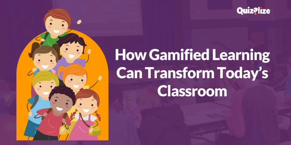 Purple blog header showing a teacher illustration with the text “How Gamified Learning Can Transform Today’s Classroom.”