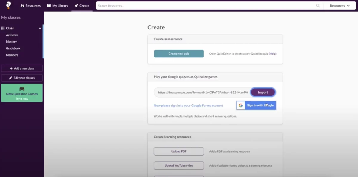 Google Forms into Quizalize integration