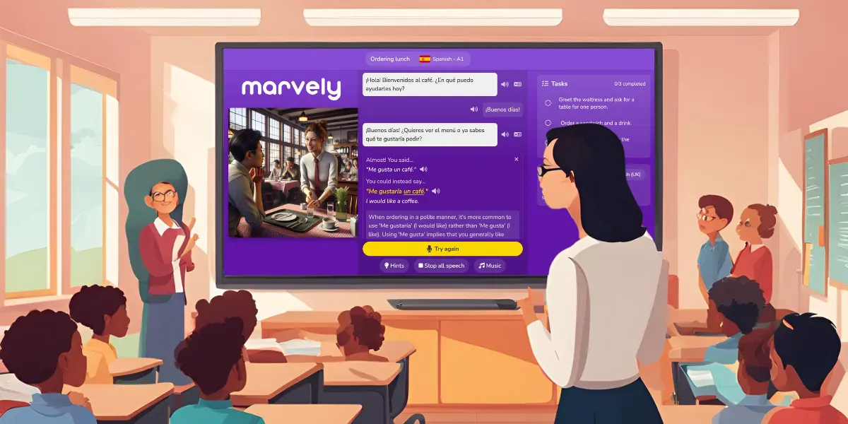 Featured image for Marvely AI-Language Learning App for Schools - Marvely is an exciting language-learning app, which allows students to master new languages by conversing with AI characters simulating real-life language immersion.