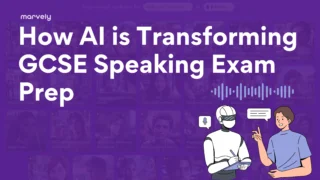 Illustration of AI-powered GCSE speaking exam preparation with a robot taking notes while a student speaks, set against a background of AI-driven language learning interface.