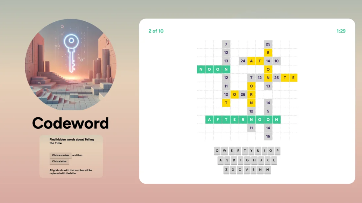 This image showcases the Codeword game, an interactive puzzle where players guess letters based on numbered clues. The game helps learners discover hidden words related to a specific theme — in this case, "Telling the Time." Correct guesses fill in the grid with green, while yellow shows letters that are in the word but in the wrong position. This game is designed to engage students while improving their vocabulary and problem-solving skills.