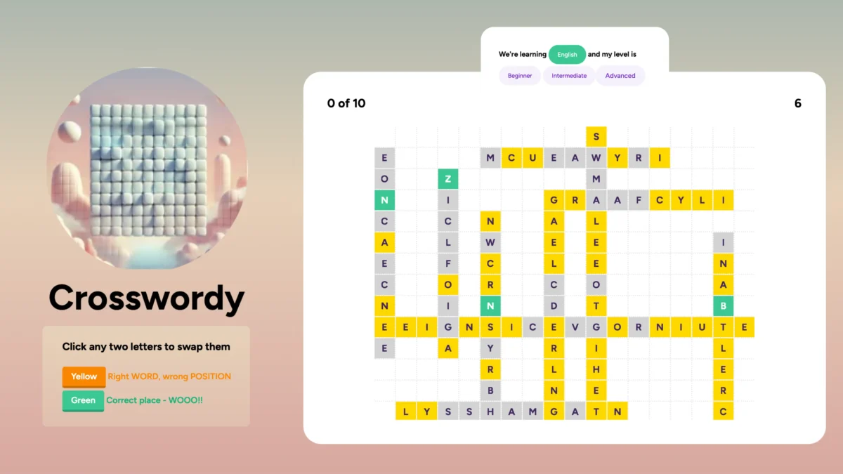 This image showcases the Crosswordy game, an engaging and interactive tool designed to help students improve their vocabulary and spelling. Players swap letters to solve word puzzles, with color-coded feedback: yellow indicates the right word in the wrong position, and green shows the correct letter in the correct spot. Perfect for classroom or self-study, this game adapts to different levels and encourages active learning.