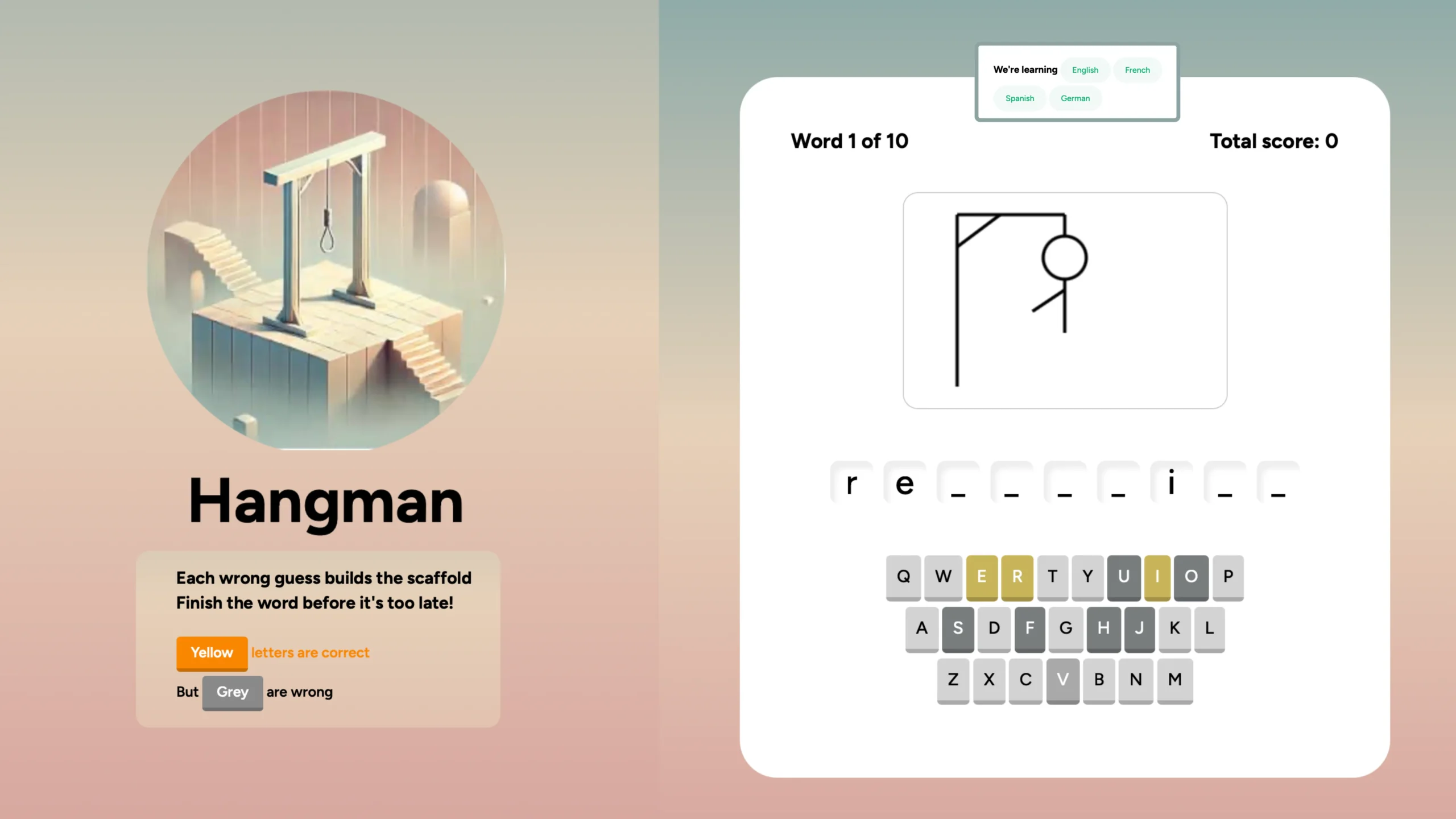 This image showcases the Hangman game, an engaging and interactive tool for language learners. Players guess letters to complete the word, with incorrect guesses building the scaffold. The game provides instant feedback: yellow indicates correct letters, while grey shows wrong ones. This game is adaptable to various levels and languages, offering a fun way to practice vocabulary and spelling in the classroom.